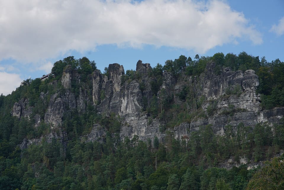 Zalesněné skalní stěny a skalní věže Bastei při pohledu zdola pod modrou oblohou s bílými mraky, vpředu na svahu tmavé borovice.