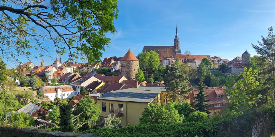 Staré město Budyšín na hřebeni, s věží katedrály a kulatou věží nad červenými střechami, při pohledu skrz jarní zeleň.
